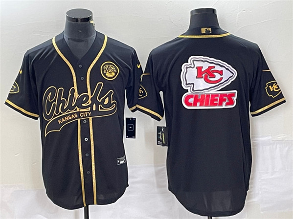 Men??s Kansas City Chiefs Black Gold Team Big Logo With Patch Cool Base Stitched Baseball Jersey